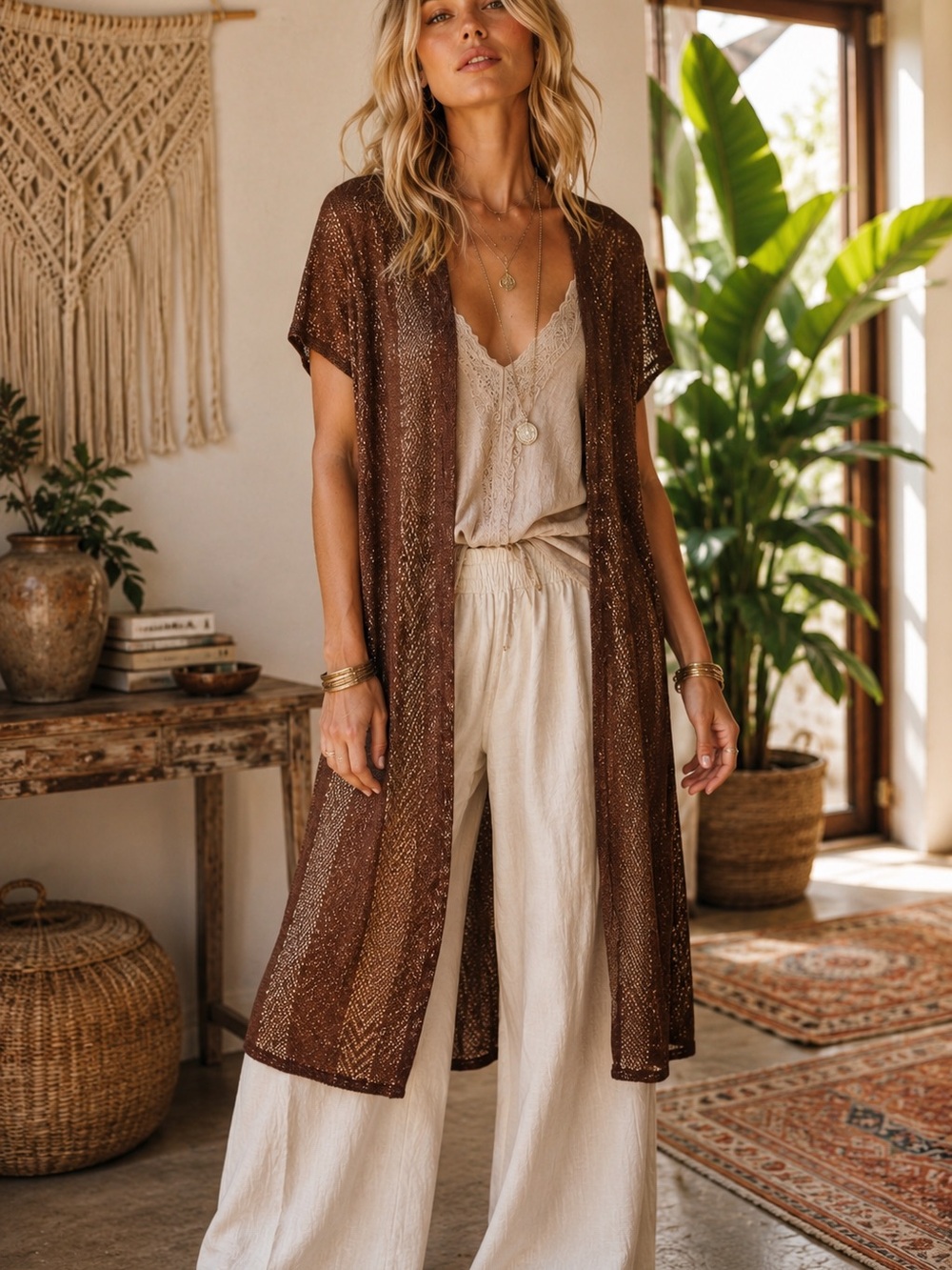 Chico’s Size 2 Brown Metallic Open Knit Long Duster Cardigan Boho Shimmer - Picture 8 of 8